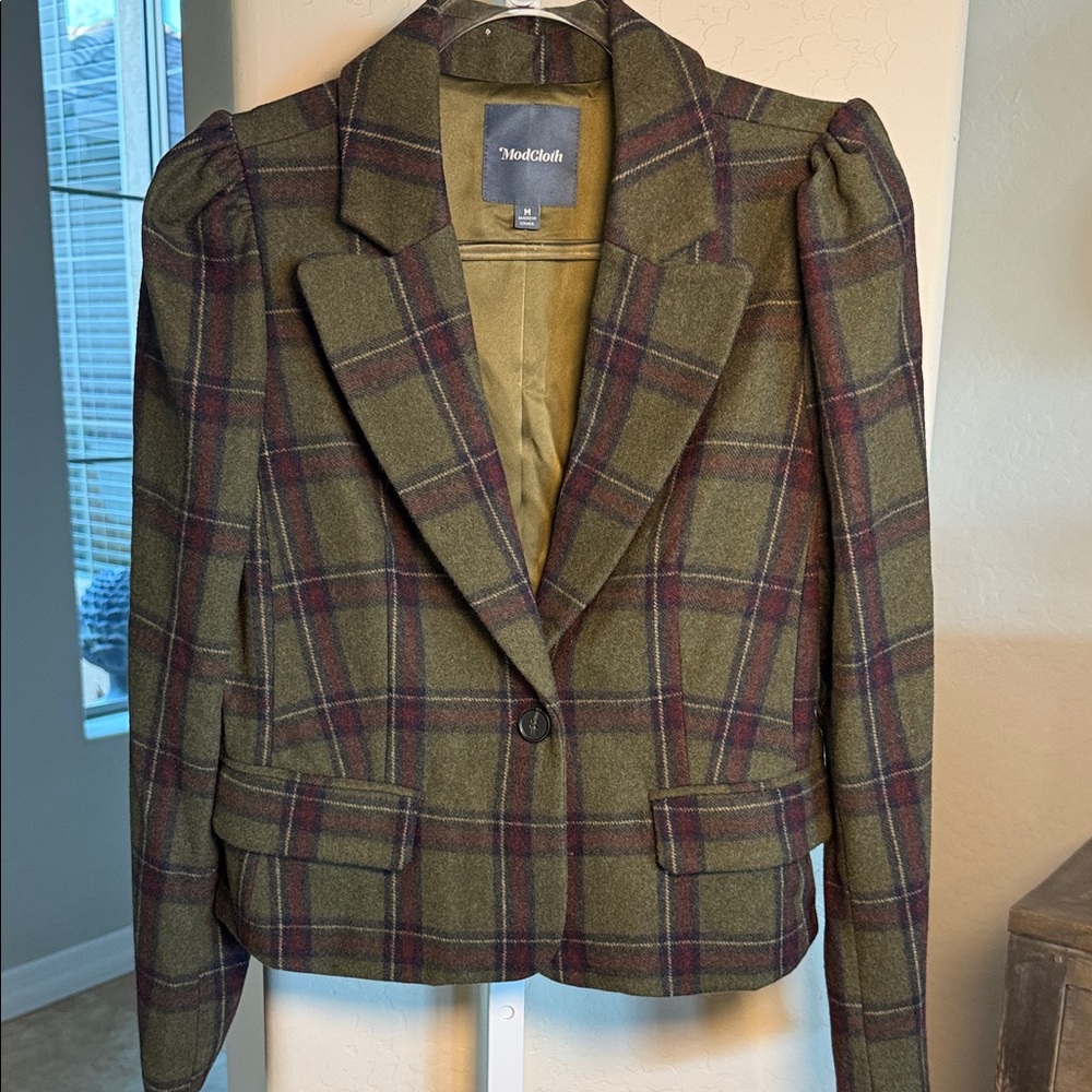 ModCloth Women's Olive and Burgundy Wool Plaid Blazer